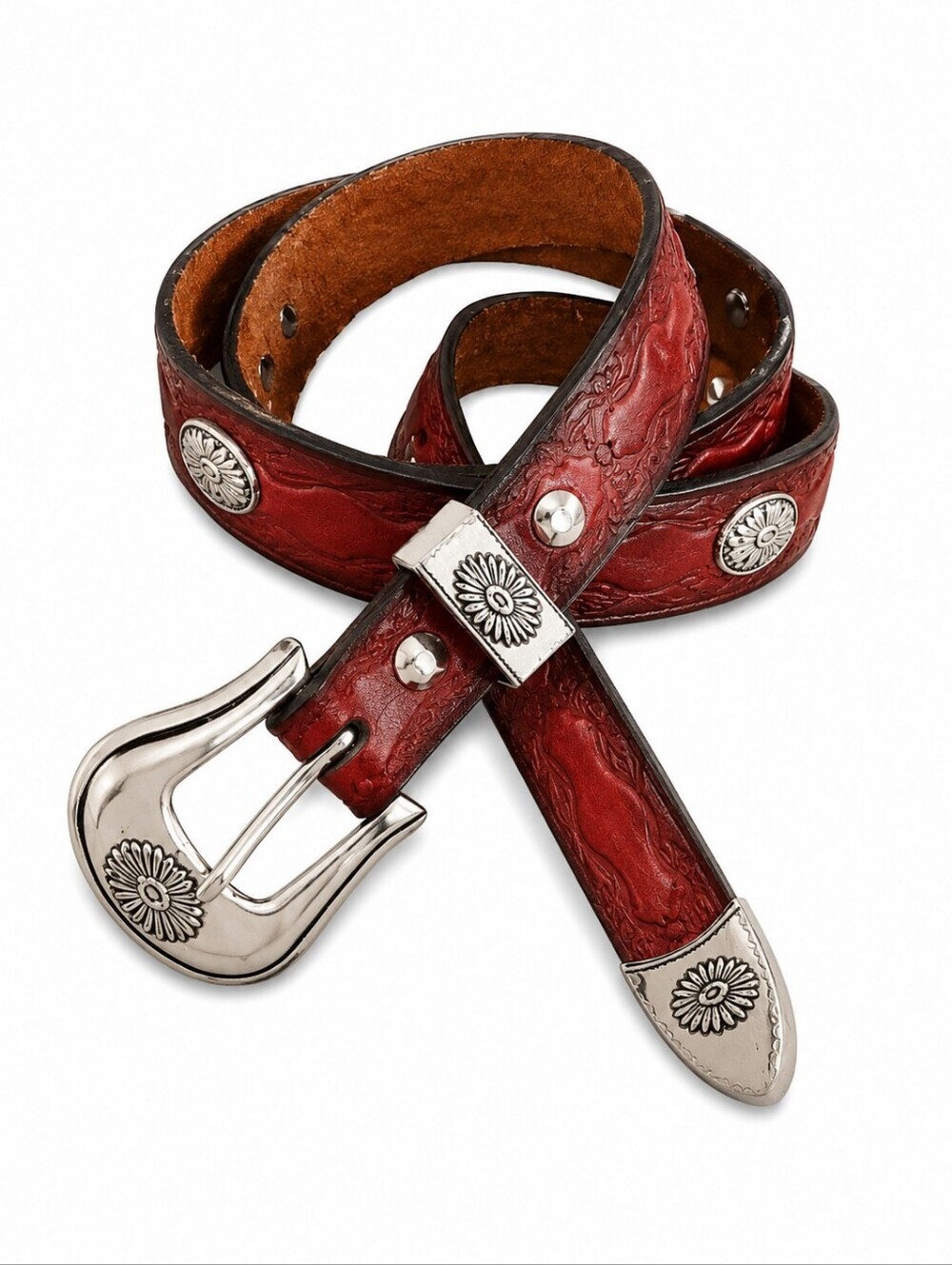 Vtg RED LEATHER 1996 Floral Tooled Basket Weave Concho Leather Belt